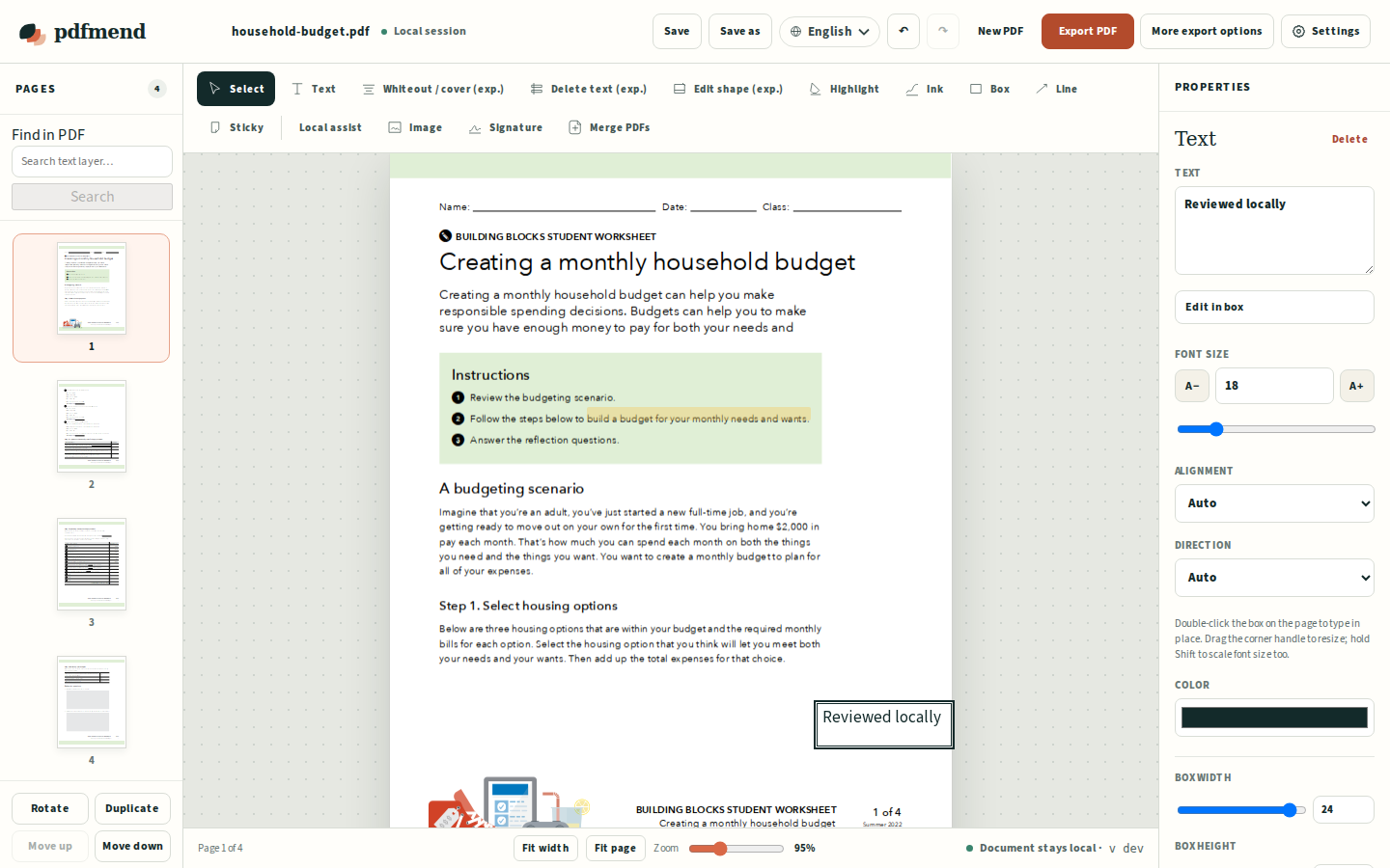 pdfmend editing a four-page household budget worksheet locally in the browser